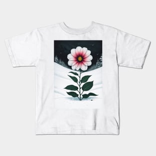 Pink Flower Growing Out of the Snow Kids T-Shirt